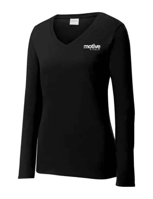 Womens V-Neck Ring Spun Jet Black 4.5 oz Long Sleeve T-Shirt w/Motive Studio Logo