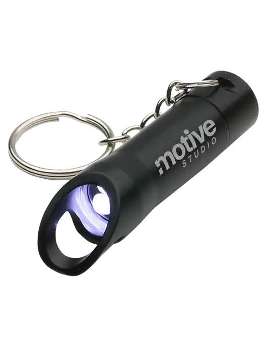 Black Pocket LED Flashlight with Bottle Opener & Keychain w/Motive Studio Logo