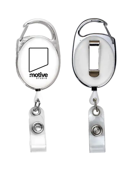 White Carabiner Style Badge Reel and Badge Holder w/Motive Studio Logo