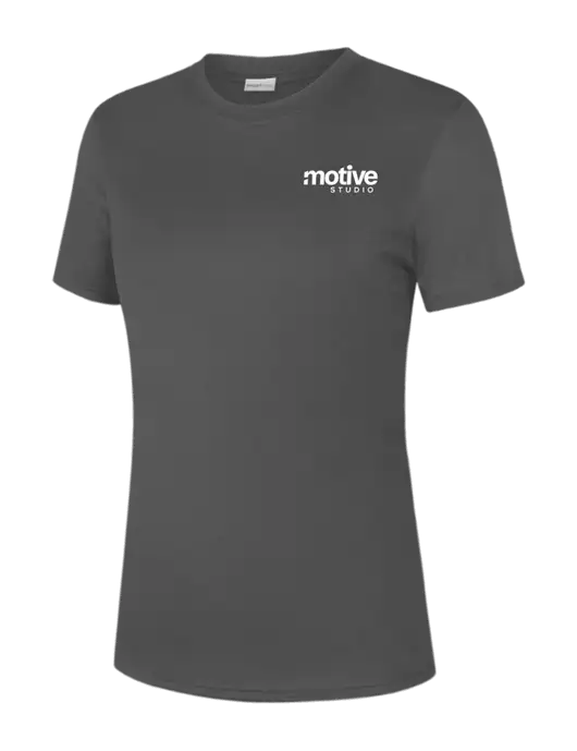  Womens Dark Grey PosiCharge Competitor Tee w/Motive Studio Logo