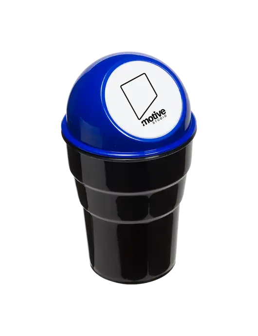 Blue Car Cup Holder Trash Can w/Motive Studio Logo