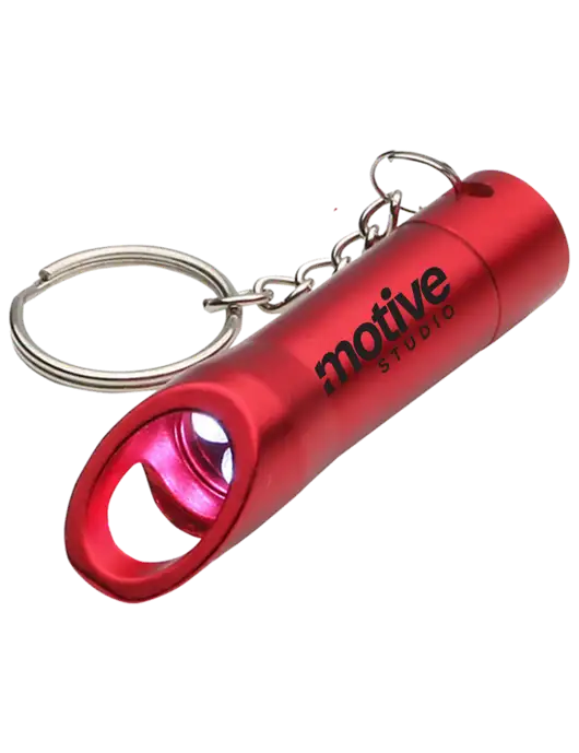Red Pocket LED Flashlight with Bottle Opener & Keychain w/Motive Studio Logo