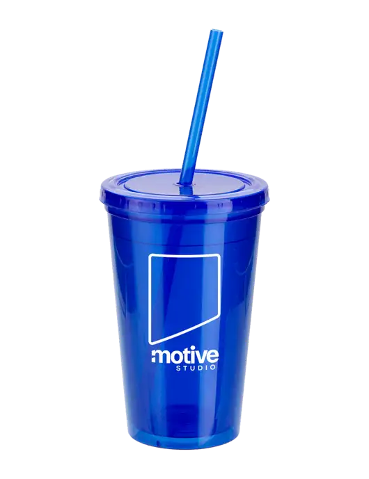 Sorrento Blue 16 oz Tumbler with Lid & Straw w/Motive Studio Logo