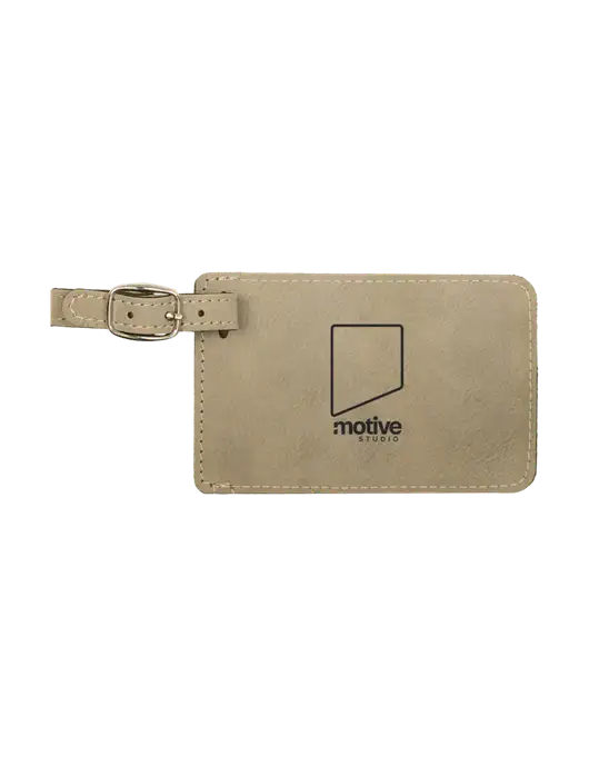 Tan Leatherette Luggage Tag w/Motive Studio Logo