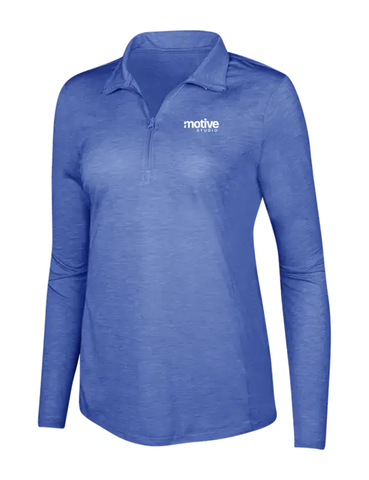 True Royal Heather Womens Posicharge Tri-Blend Wicking 1/4 Zip Pullover w/Motive Studio Logo