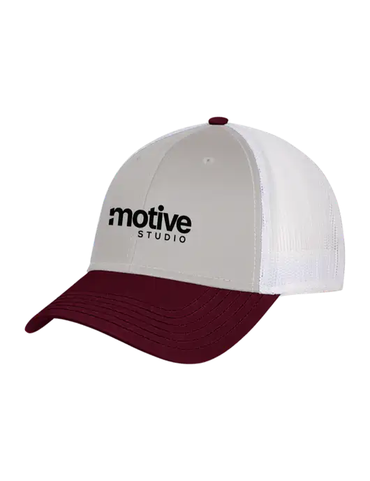 Maroon/Heather Grey/White Mesh Trucker Cap Snap Back w/Motive Studio Logo