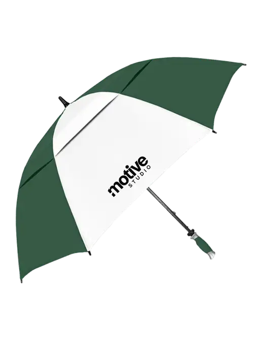 Dark Green/White Vented Typhoon Tamer Golf Umbrella w/Motive Studio Logo