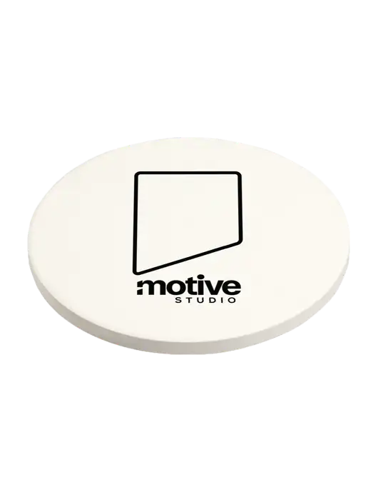 Absorbent White Coaster with Cork Base w/Motive Studio Logo