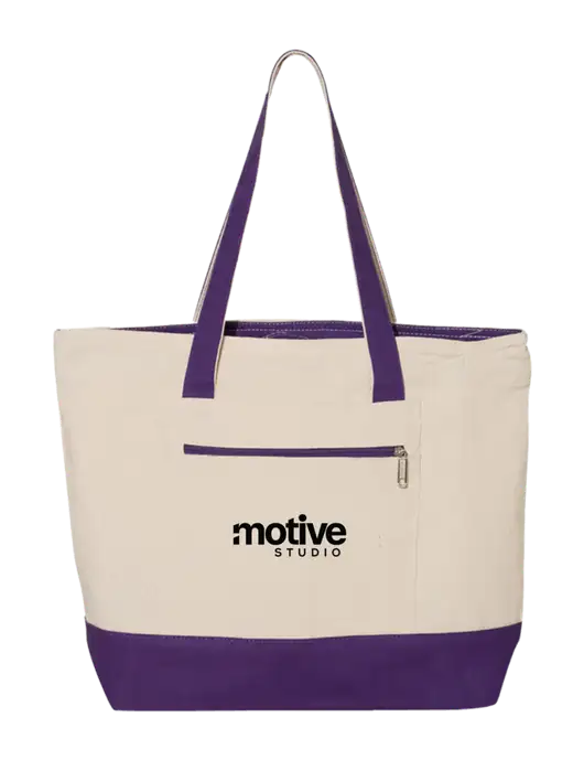 Natural/Purple Zippered Tote  w/Motive Studio Logo