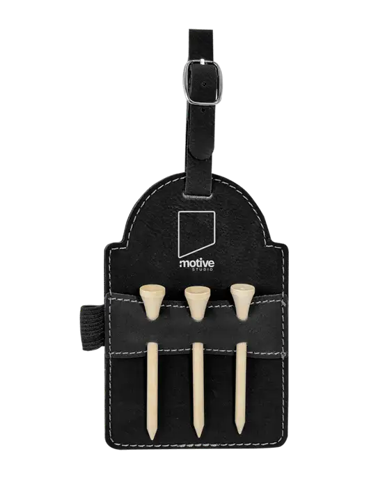 Black Leatherette Golf Bag Tag with 3 Wooden Tees w/Motive Studio Logo
