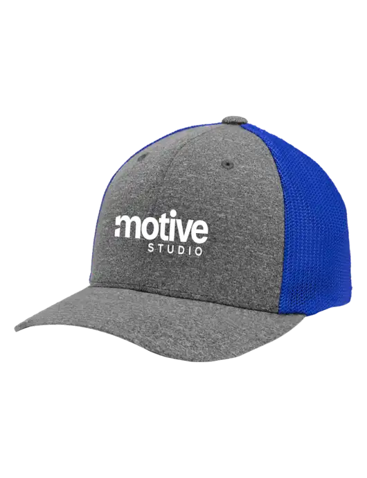 Flexfit Royal/Medium Grey Heather Melange Mesh Back Trucker Cap w/Motive Studio Logo