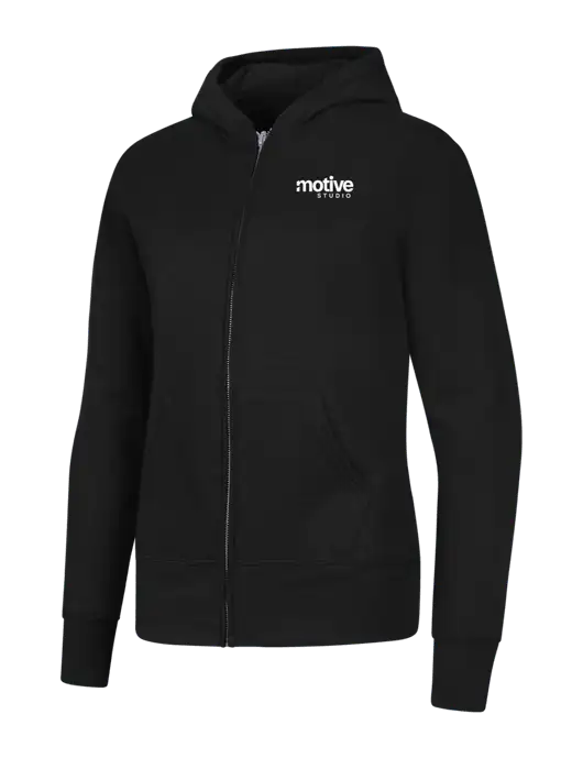 Jet Black Womens Core Fleece Full-Zip Hooded Sweatshirt w/Motive Studio Logo