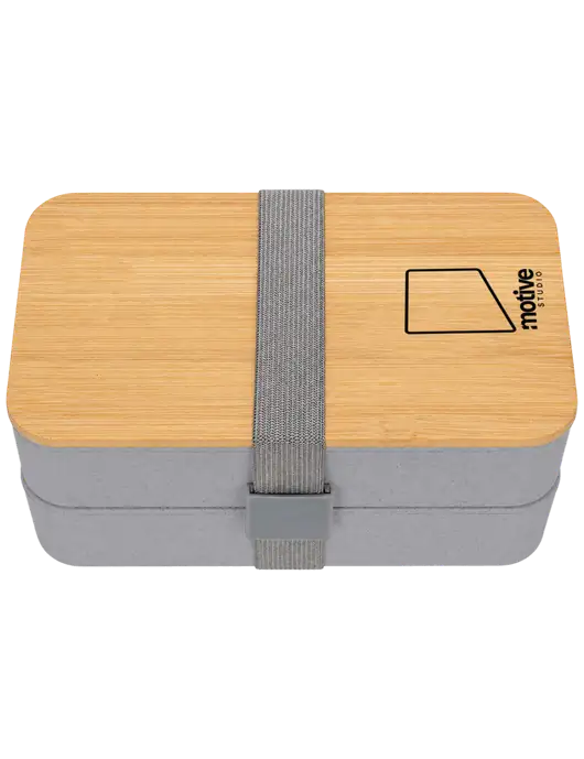 Double Decker Light Medium Grey Lunch Box w/Eco-Friendly FSC Bamboo Lid & Reusable Utensils w/Motive Studio Logo
